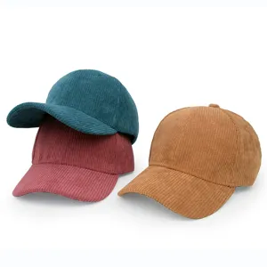 Detailed view of three corduroy baseball caps in teal, maroon, and tan colors.