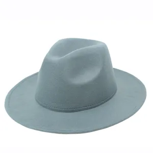 Classic teal blue wool felt fedora hat with wide flat brim for men and women.