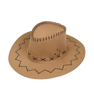 Dettaglio di un cappello da cowboy western marrone con cuciture nere decorative