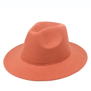 Classic solid orange felt fedora hat with wide flat brim for autumn and winter style