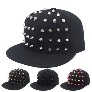Hip Hop Studded Hat Flat Brim Snapback Punk Style Rivet Cap For Men Women Street Dance Performance Fashion Adjustable Cotton Hat