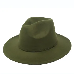Detailed view of olive green wool felt jazz hat showing fine texture and flat brim finish