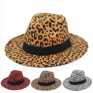 Chapeau Fedora Vintage Imprimé Léopard pour Hommes Femmes Polyester Bord Plat Jazz Chapeau Automne Hiver Chaud Mode Panama