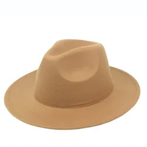 Close-up of a classic camel felt fedora hat with a flat wide brim and indented crown.