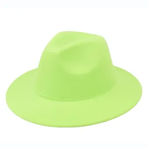 Solid neon green felt fedora hat for men and women classic jazz style top hat detail