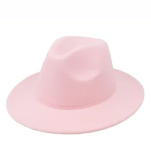 Close-up view of a minimalist light pink wool felt fedora hat with a wide flat brim