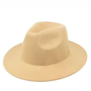 Detailed view of a classic beige felt fedora hat with a wide flat brim for autumn.