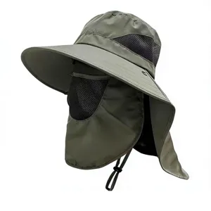 Outdoor olive green sun hat with detachable face cover and neck flap for fishing and hiking