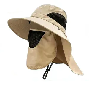 Detailed side view of khaki sun hat with detachable face cover and neck flap