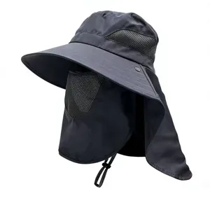 Detailed side view of dark grey sun hat featuring breathable mesh mask and neck flap