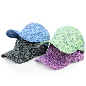 Detailed view of space-dyed athletic baseball caps in various vibrant color options
