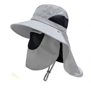 Detailed side view of grey outdoor sun hat with detachable face cover and neck protection.