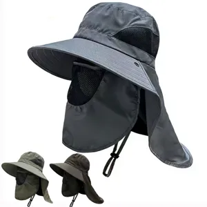 Polyester Outdoor Sun Hat For Men With Detachable Face Mask Neck Flap Wide Brim UV Protection Hiking Fishing Hat