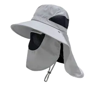 Light grey men's sun hat with detachable face and neck protection for fishing