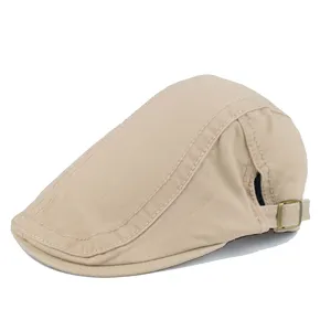 Classic khaki cotton beret flat cap with adjustable side buckle and clean stitching details