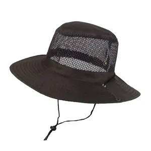 Breathable mesh sun hat for outdoor fishing with adjustable chin strap and wide brim