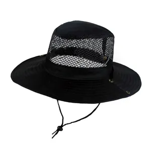 Breathable mesh bucket sun hat with adjustable chin strap for outdoor fishing