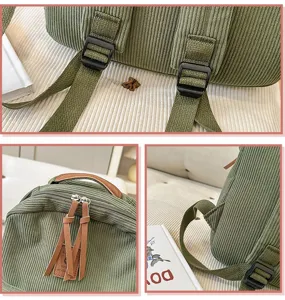 Dettagli macro di zaino in velluto verde con tiranti in pelle e fibbie resistenti