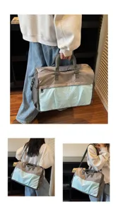 Versatile large capacity travel bag shown in hand and shoulder carry poses