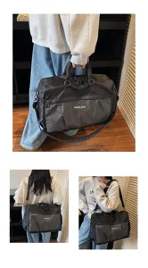 Detailed view showing the large capacity black travel duffel bag for sports and fitness use