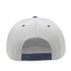 Vista posterior de una gorra de hip hop gris y azul con cierre snapback ajustable.