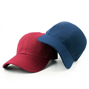 Detailed view of plain burgundy and navy blue twill baseball caps with curved brims