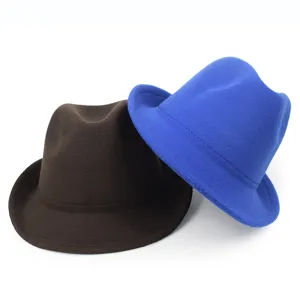Pair of classic wool felt fedora hats for men in brown and electric blue colors