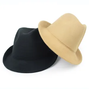 Detailed view of classic men's wool felt fedora hats in black and tan for winter