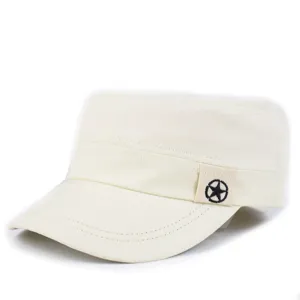 Macro view of the star patch detail on a breathable beige flat top military cap