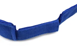 Detailed macro view of the adjustable velcro strap on a blue summer sun visor hat