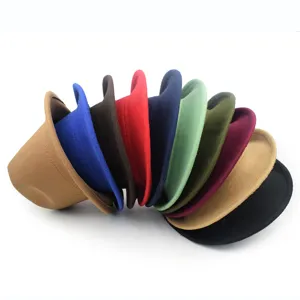 Detailed view showcasing a variety of colorful wool felt fedora hats stacked in a curve
