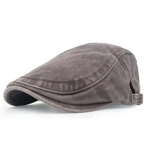Detailed view showing the profile of a vintage washed cotton beret cap with distressed finish