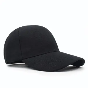 Side profile detail of a classic black blank baseball cap with a sturdy curved brim