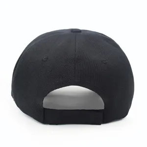 Detailed rear view of a solid black baseball cap with an adjustable Velcro strap