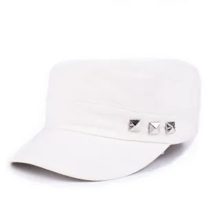 Detailed side view of white cotton cadet cap featuring three silver pyramid studs.