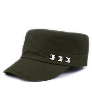 Detailed side view of dark green military style cadet cap featuring three silver metal studs