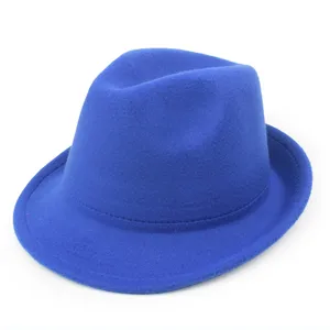 Detailed side view of a classic bright blue wool felt fedora hat for men's winter wear