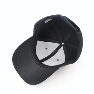 Interior detail of black plain baseball cap showing white front lining and care label