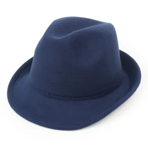 Close-up detail of a classic navy blue wool felt fedora hat for men's winter wear