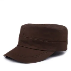 Professional detail view of a dark brown cotton flat top military style cadet hat
