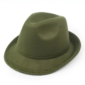 Classic olive green wool felt fedora hat with a pinched crown and elegant curved brim