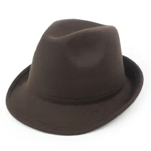 Classic brown wool felt fedora hat for men, warm winter trilby style with stitched brim