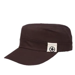 Unisex dark brown canvas flat top military patrol cap with star logo patch decoration