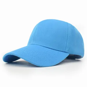 Detailed view of a solid light blue blank baseball cap featuring a curved brim.