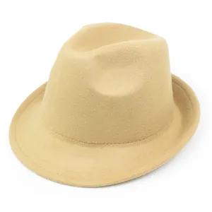 Side view of a classic camel wool fedora hat for men, highlighting its sleek shape