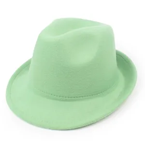 Close-up detail of a classic mint green wool felt fedora hat for men's winter warmth