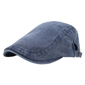 Vintage washed cotton flat cap in navy blue for men and women with adjustable buckle strap