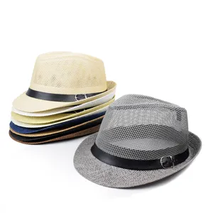 Breathable men's summer fedora mesh hats in various colors with decorative buckles