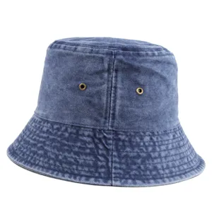 Unisex washed blue denim bucket hat for outdoor sun protection with metallic eyelets
