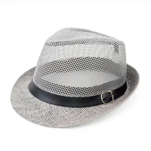 Detailed view of a breathable gray mesh fedora hat featuring a stylish black buckle band